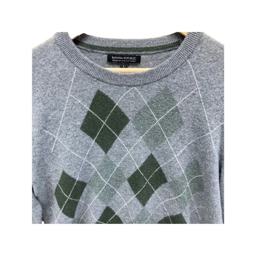Banana Republic Sweater Grey and Green Argile Merino Wool Blend Crew Neck Size L